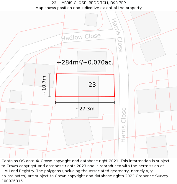 23, HARRIS CLOSE, REDDITCH, B98 7PP: Plot and title map