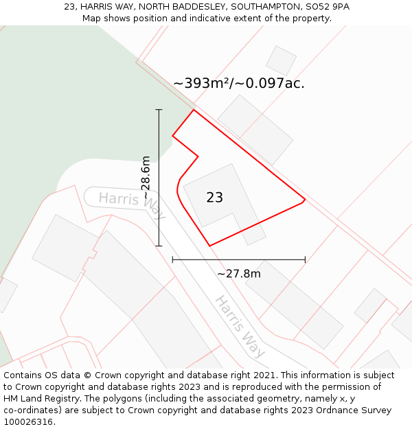 23, HARRIS WAY, NORTH BADDESLEY, SOUTHAMPTON, SO52 9PA: Plot and title map