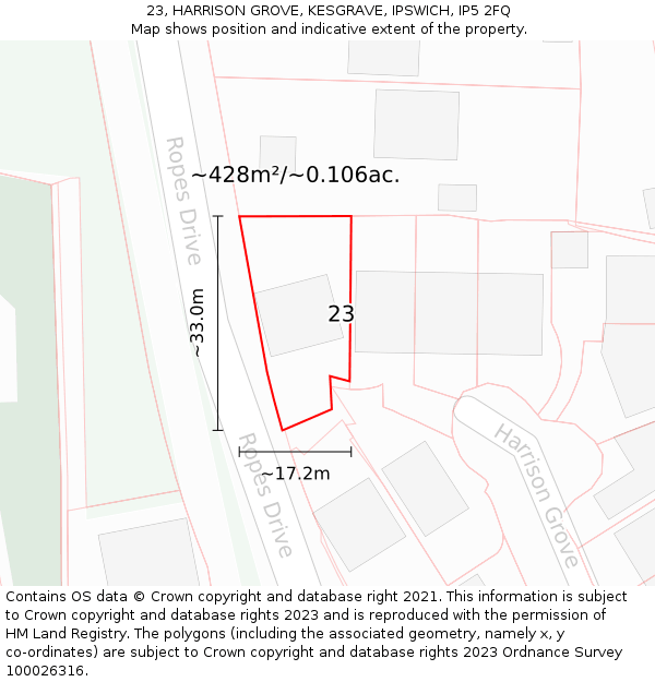 23, HARRISON GROVE, KESGRAVE, IPSWICH, IP5 2FQ: Plot and title map