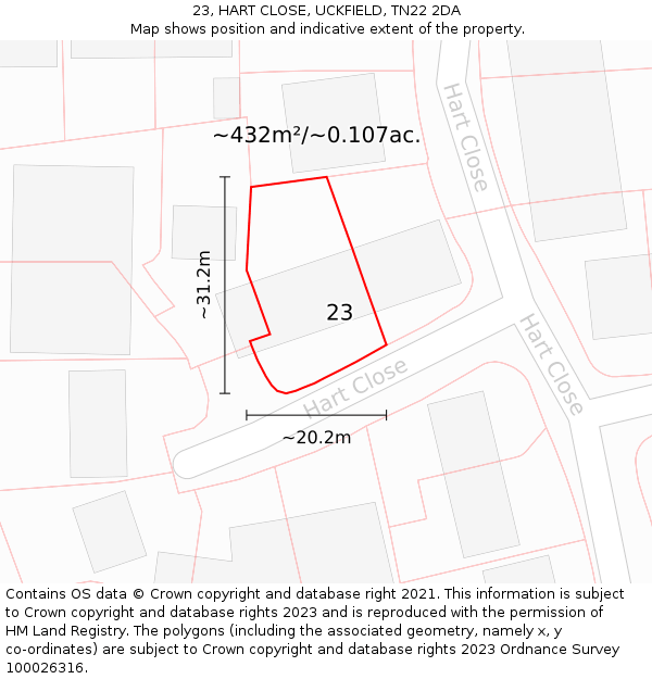 23, HART CLOSE, UCKFIELD, TN22 2DA: Plot and title map