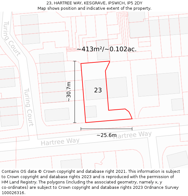 23, HARTREE WAY, KESGRAVE, IPSWICH, IP5 2DY: Plot and title map