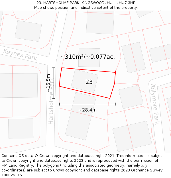 23, HARTSHOLME PARK, KINGSWOOD, HULL, HU7 3HP: Plot and title map