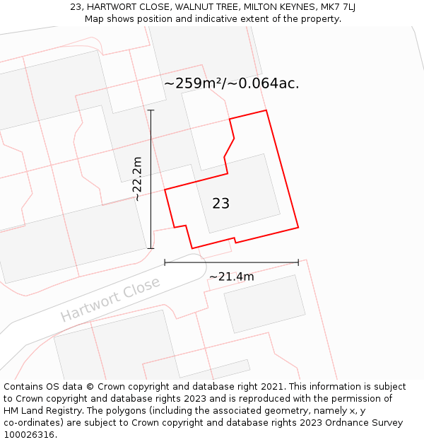 23, HARTWORT CLOSE, WALNUT TREE, MILTON KEYNES, MK7 7LJ: Plot and title map