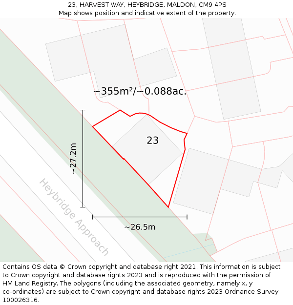 23, HARVEST WAY, HEYBRIDGE, MALDON, CM9 4PS: Plot and title map