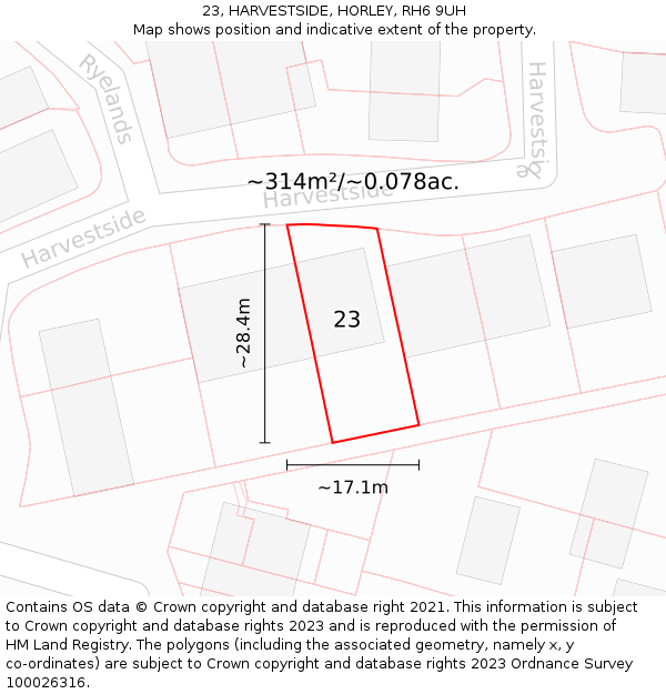 23, HARVESTSIDE, HORLEY, RH6 9UH: Plot and title map