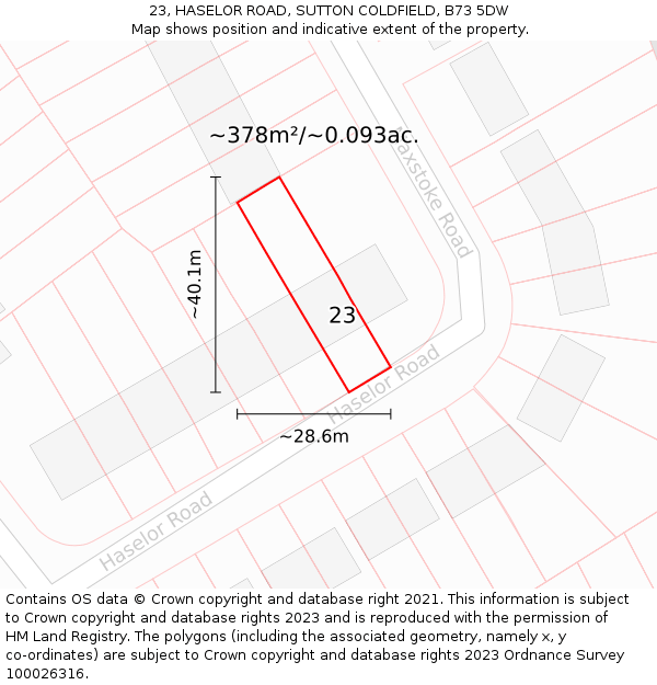 23, HASELOR ROAD, SUTTON COLDFIELD, B73 5DW: Plot and title map