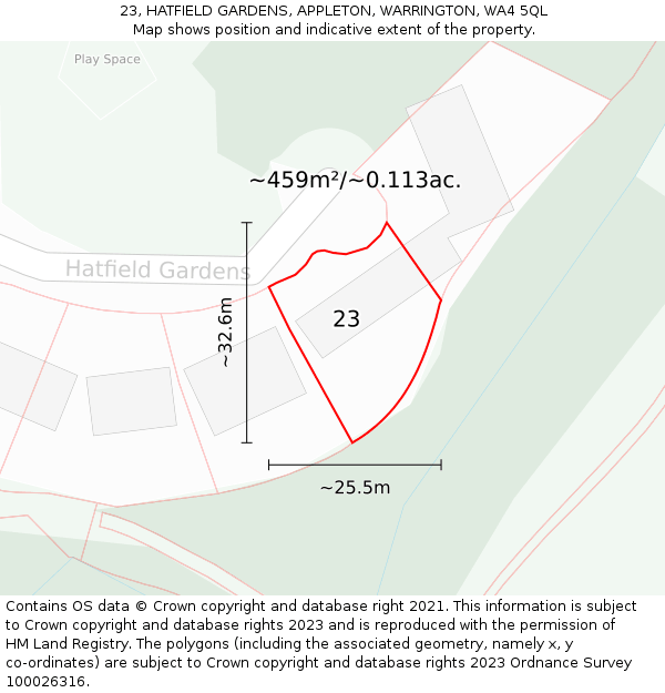 23, HATFIELD GARDENS, APPLETON, WARRINGTON, WA4 5QL: Plot and title map