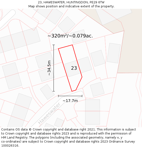 23, HAWESWATER, HUNTINGDON, PE29 6TW: Plot and title map