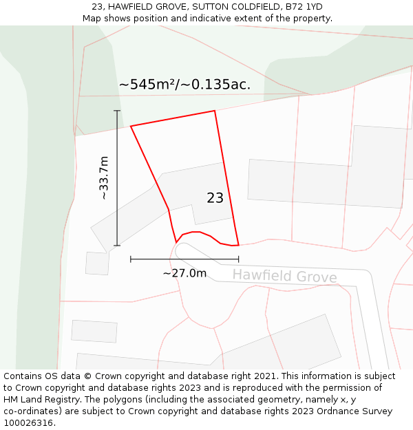 23, HAWFIELD GROVE, SUTTON COLDFIELD, B72 1YD: Plot and title map