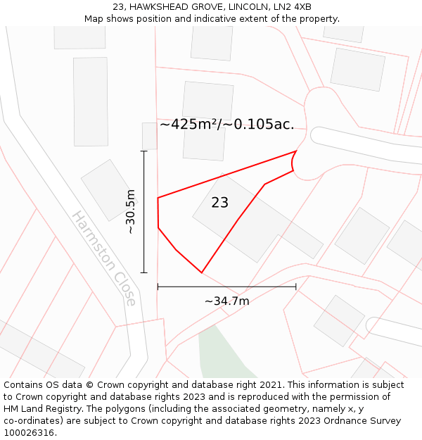 23, HAWKSHEAD GROVE, LINCOLN, LN2 4XB: Plot and title map