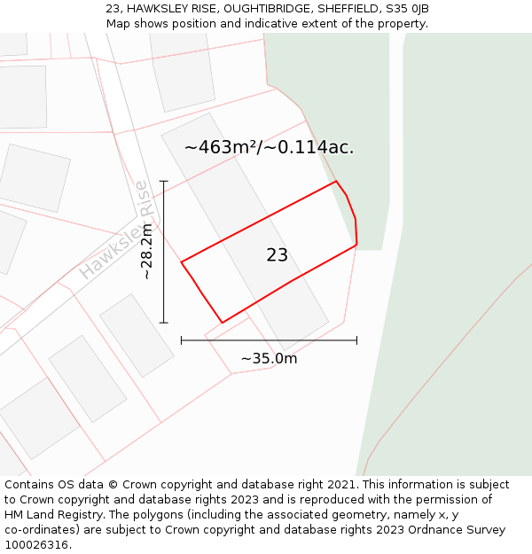 23, HAWKSLEY RISE, OUGHTIBRIDGE, SHEFFIELD, S35 0JB: Plot and title map