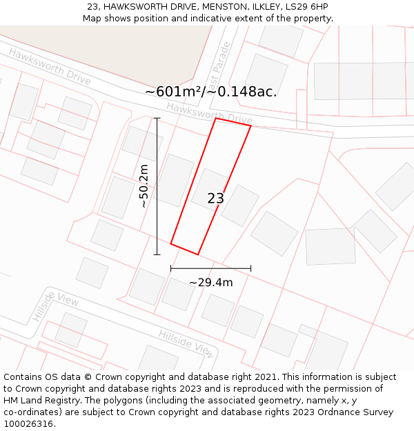 23, HAWKSWORTH DRIVE, MENSTON, ILKLEY, LS29 6HP: Plot and title map