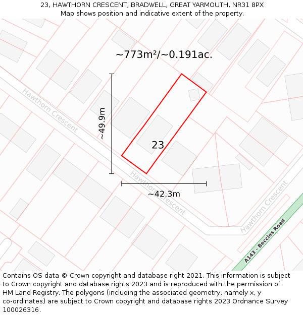 23, HAWTHORN CRESCENT, BRADWELL, GREAT YARMOUTH, NR31 8PX: Plot and title map
