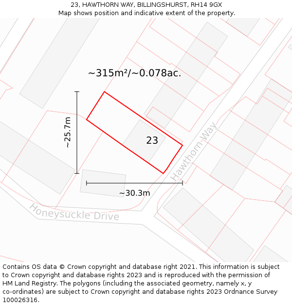 23, HAWTHORN WAY, BILLINGSHURST, RH14 9GX: Plot and title map