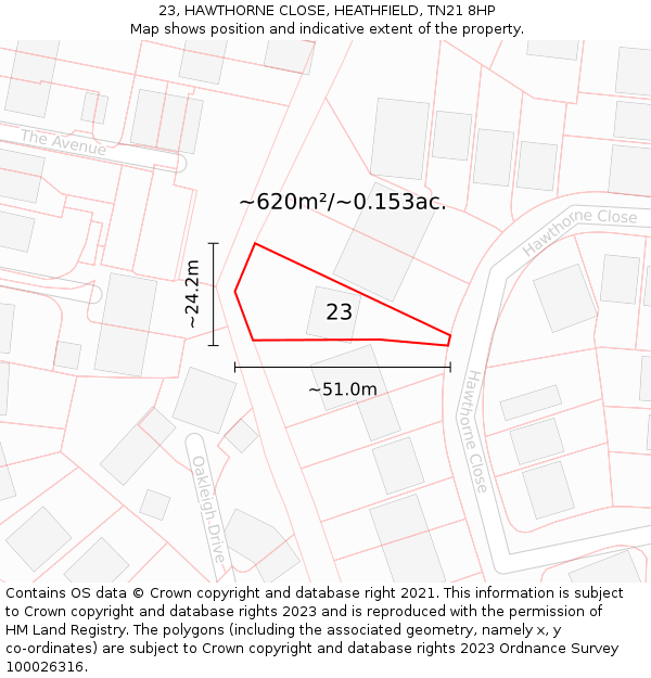 23, HAWTHORNE CLOSE, HEATHFIELD, TN21 8HP: Plot and title map