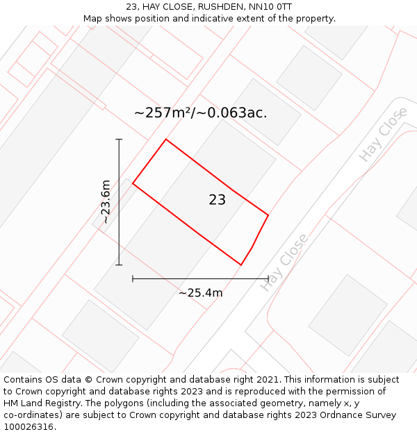 23, HAY CLOSE, RUSHDEN, NN10 0TT: Plot and title map