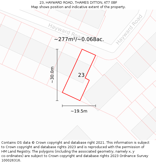 23, HAYWARD ROAD, THAMES DITTON, KT7 0BF: Plot and title map