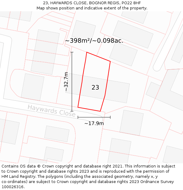 23, HAYWARDS CLOSE, BOGNOR REGIS, PO22 8HF: Plot and title map