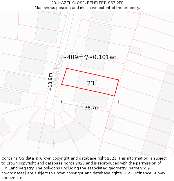 23, HAZEL CLOSE, BENFLEET, SS7 2EP: Plot and title map