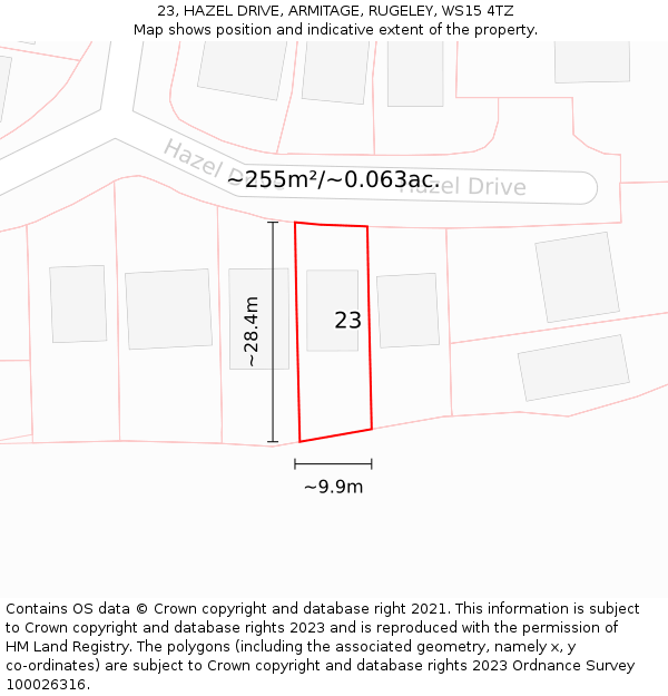23, HAZEL DRIVE, ARMITAGE, RUGELEY, WS15 4TZ: Plot and title map