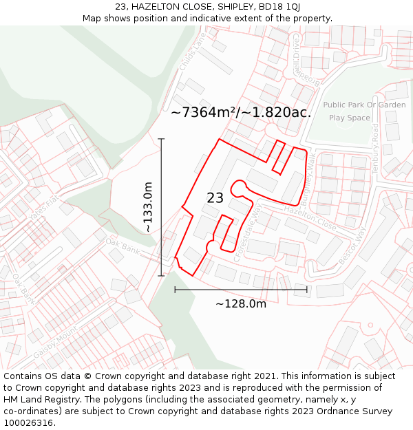 23, HAZELTON CLOSE, SHIPLEY, BD18 1QJ: Plot and title map
