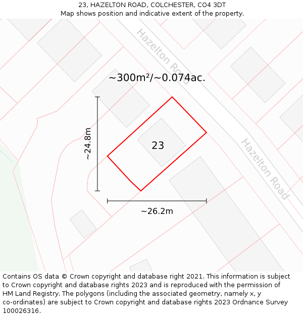 23, HAZELTON ROAD, COLCHESTER, CO4 3DT: Plot and title map
