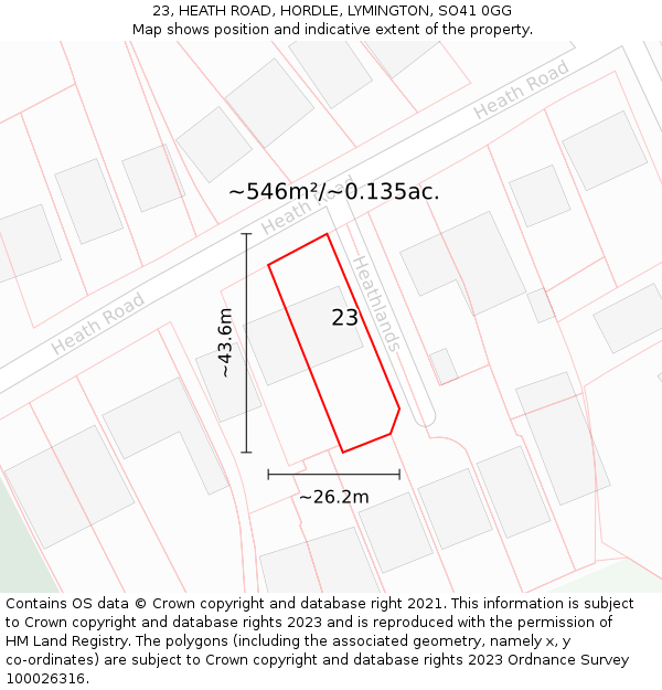23, HEATH ROAD, HORDLE, LYMINGTON, SO41 0GG: Plot and title map