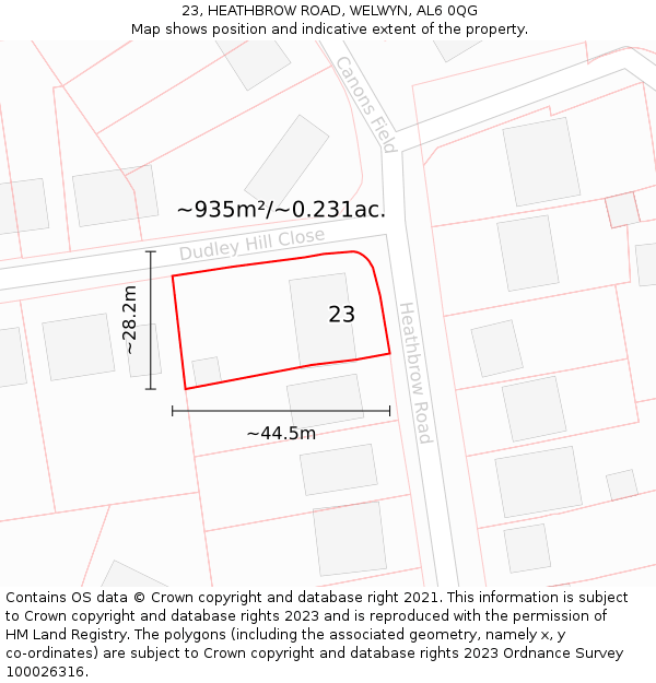 23, HEATHBROW ROAD, WELWYN, AL6 0QG: Plot and title map