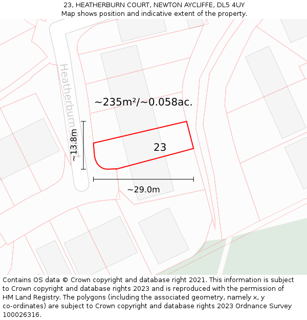 23, HEATHERBURN COURT, NEWTON AYCLIFFE, DL5 4UY: Plot and title map