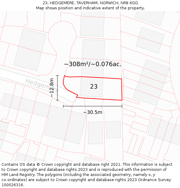 23, HEDGEMERE, TAVERHAM, NORWICH, NR8 6GG: Plot and title map