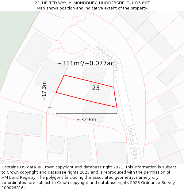 23, HELTED WAY, ALMONDBURY, HUDDERSFIELD, HD5 8XZ: Plot and title map