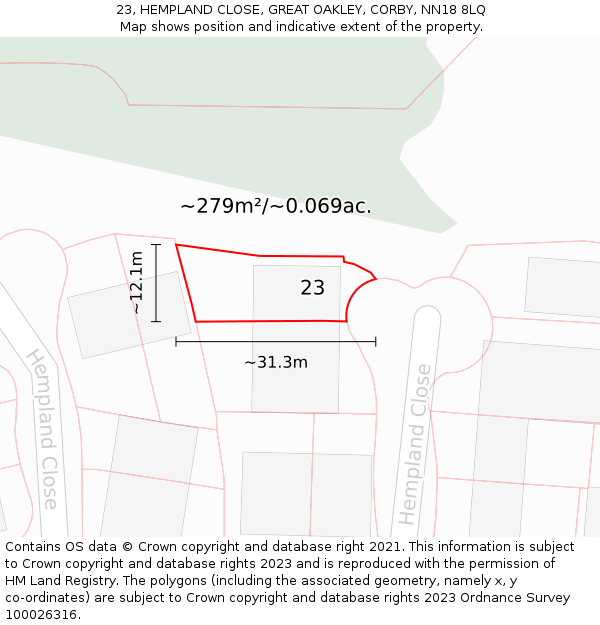 23, HEMPLAND CLOSE, GREAT OAKLEY, CORBY, NN18 8LQ: Plot and title map