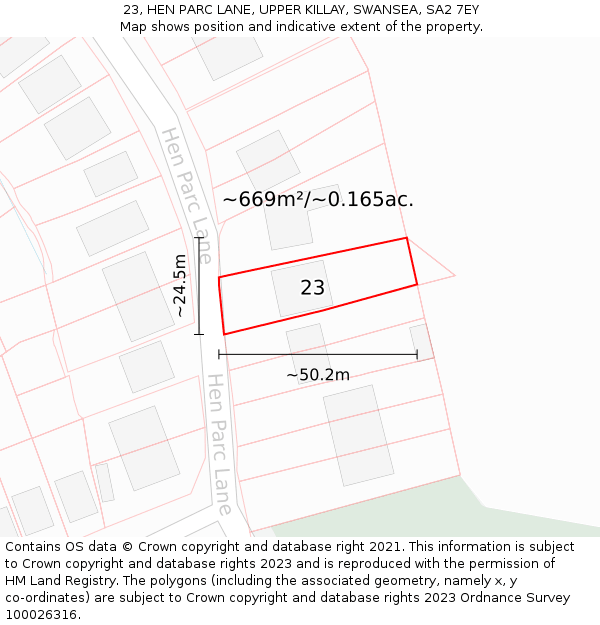 23, HEN PARC LANE, UPPER KILLAY, SWANSEA, SA2 7EY: Plot and title map