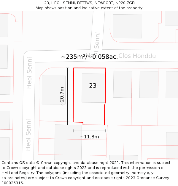 23, HEOL SENNI, BETTWS, NEWPORT, NP20 7GB: Plot and title map