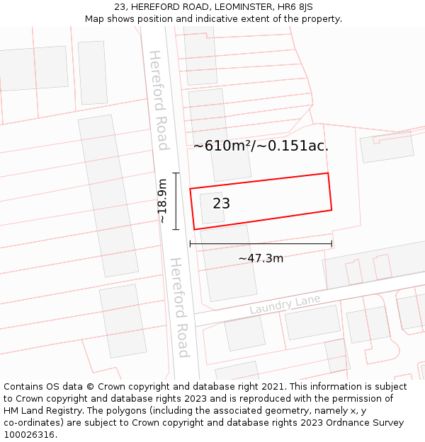 23, HEREFORD ROAD, LEOMINSTER, HR6 8JS: Plot and title map