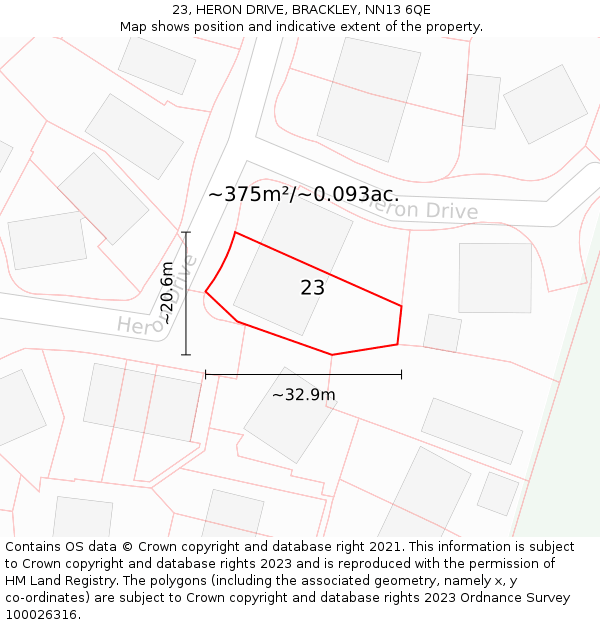 23, HERON DRIVE, BRACKLEY, NN13 6QE: Plot and title map