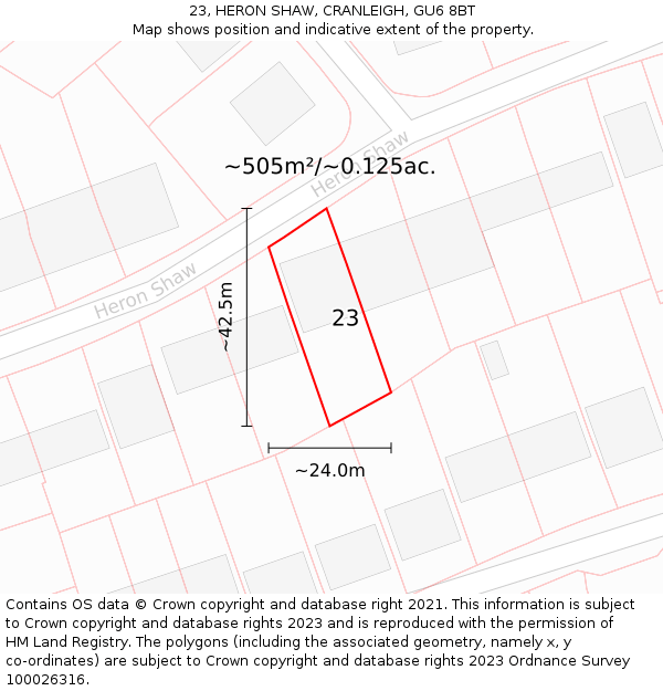 23, HERON SHAW, CRANLEIGH, GU6 8BT: Plot and title map