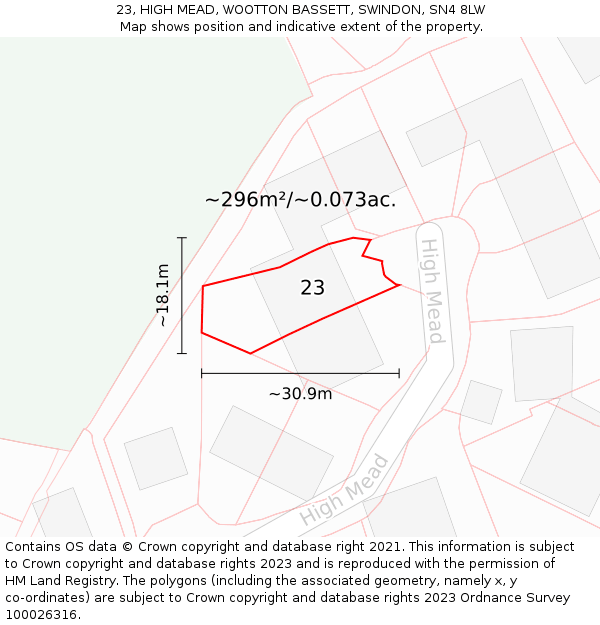 23, HIGH MEAD, WOOTTON BASSETT, SWINDON, SN4 8LW: Plot and title map