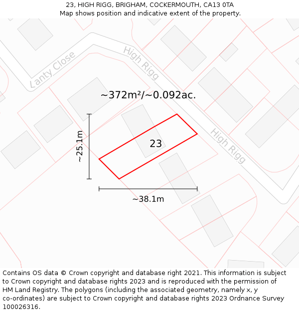 23, HIGH RIGG, BRIGHAM, COCKERMOUTH, CA13 0TA: Plot and title map
