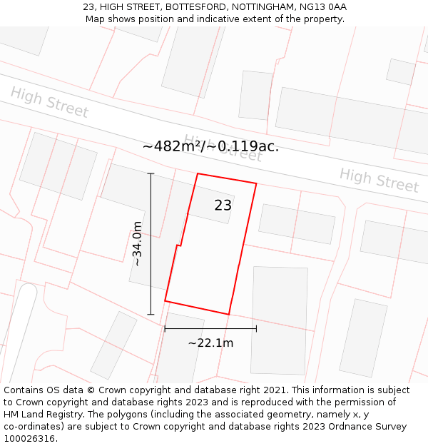 23, HIGH STREET, BOTTESFORD, NOTTINGHAM, NG13 0AA: Plot and title map