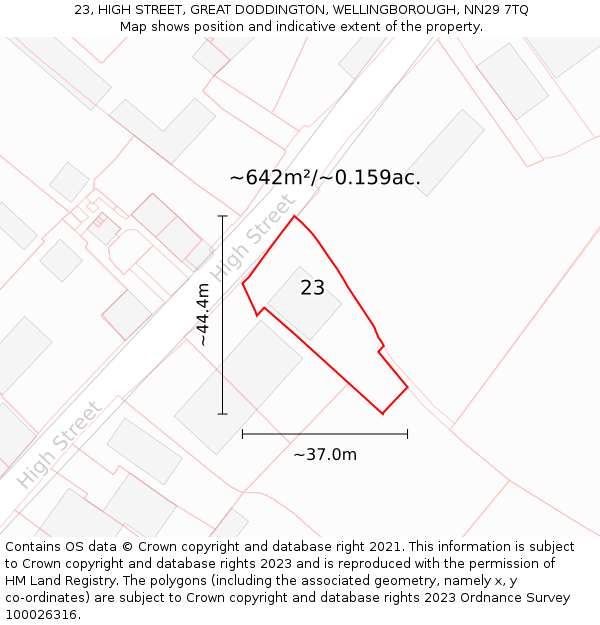 23, HIGH STREET, GREAT DODDINGTON, WELLINGBOROUGH, NN29 7TQ: Plot and title map