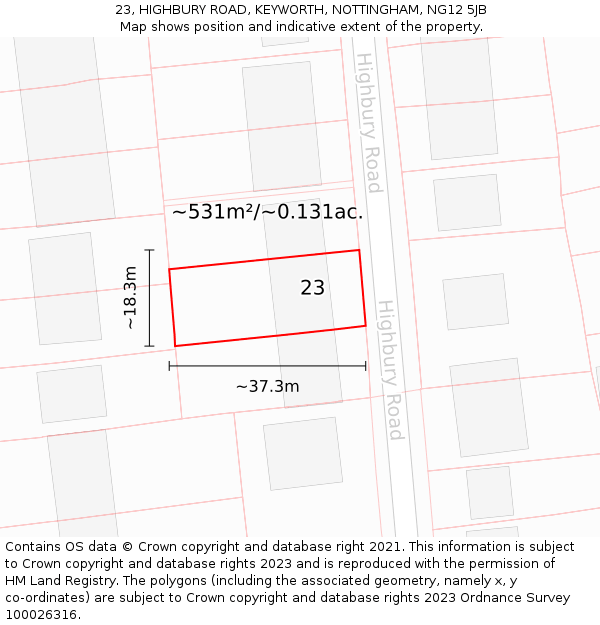 23, HIGHBURY ROAD, KEYWORTH, NOTTINGHAM, NG12 5JB: Plot and title map