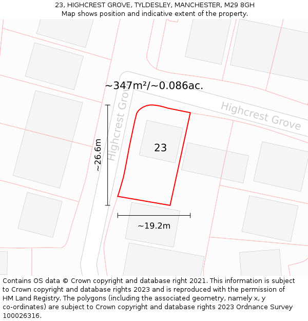 23, HIGHCREST GROVE, TYLDESLEY, MANCHESTER, M29 8GH: Plot and title map