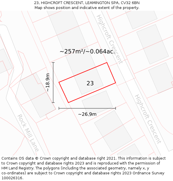 23, HIGHCROFT CRESCENT, LEAMINGTON SPA, CV32 6BN: Plot and title map