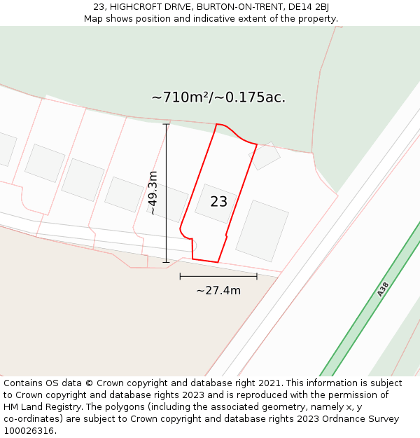 23, HIGHCROFT DRIVE, BURTON-ON-TRENT, DE14 2BJ: Plot and title map