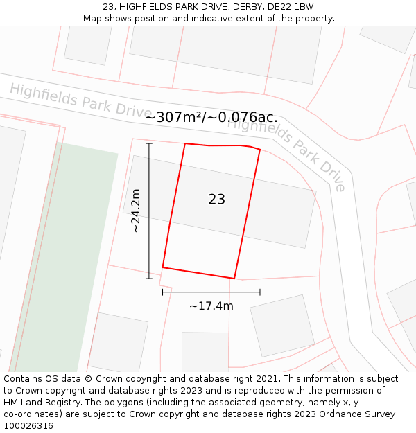 23, HIGHFIELDS PARK DRIVE, DERBY, DE22 1BW: Plot and title map