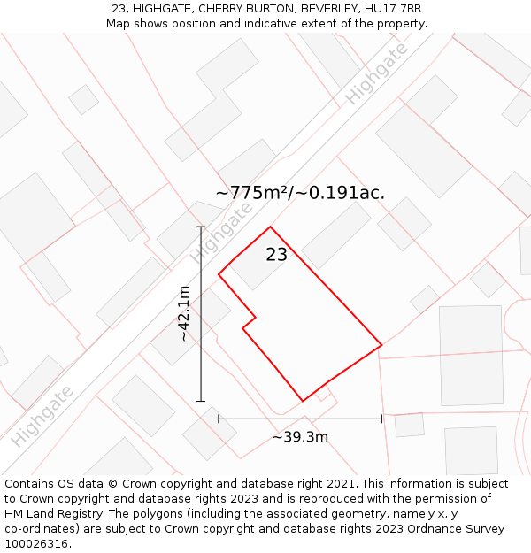 23, HIGHGATE, CHERRY BURTON, BEVERLEY, HU17 7RR: Plot and title map