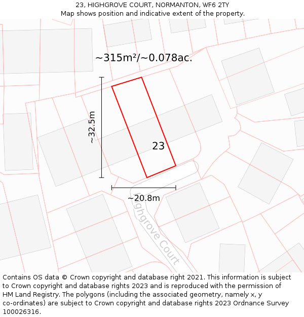 23, HIGHGROVE COURT, NORMANTON, WF6 2TY: Plot and title map