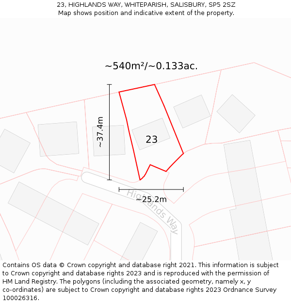 23, HIGHLANDS WAY, WHITEPARISH, SALISBURY, SP5 2SZ: Plot and title map