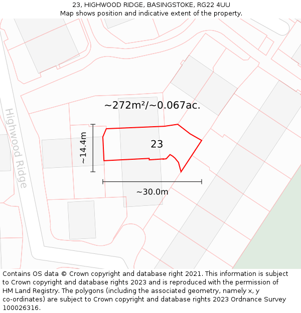 23, HIGHWOOD RIDGE, BASINGSTOKE, RG22 4UU: Plot and title map